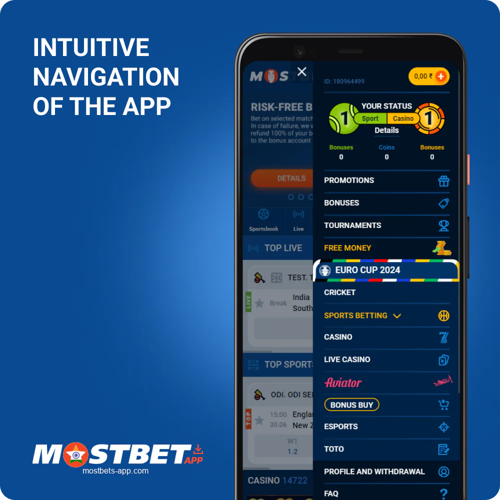 Navigation in Mostbet India app